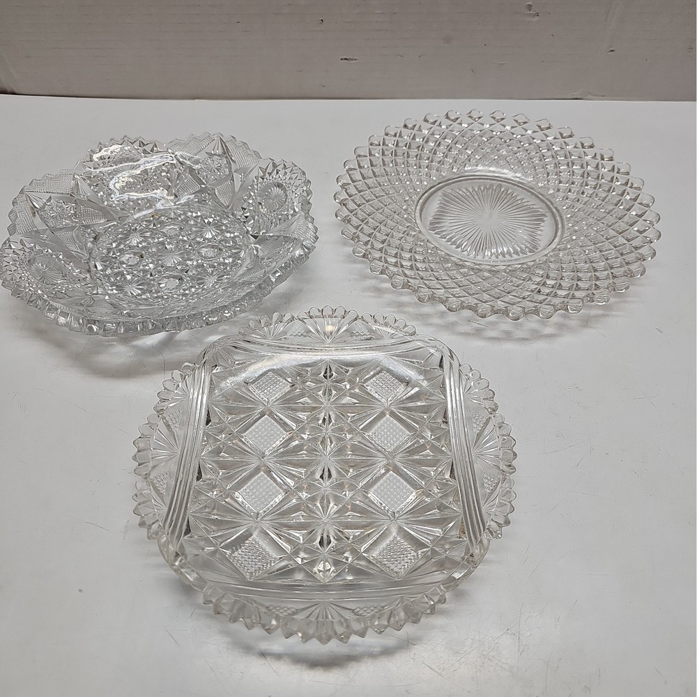 Vintage Cut Glass Crystal Style Serving Dish Lot Bowl Tray Candy Dish 3 Pcs